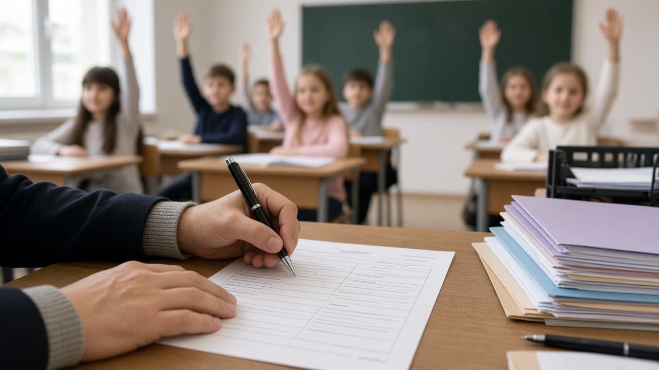 Elevi în clasă și părinte completând o cerere pentru bursă școlară