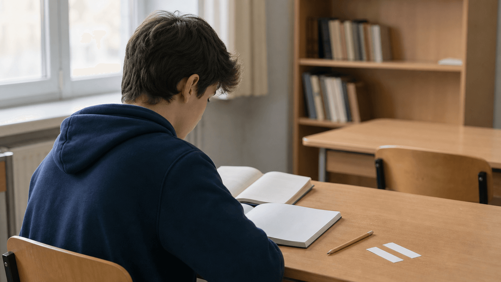 Elev de liceu văzut din spate, analizând un text literar la un birou din clasă