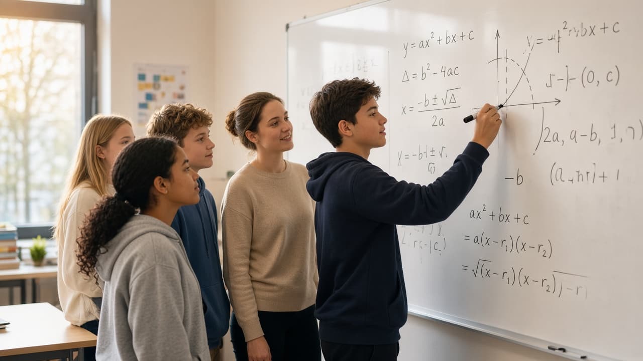 Grup mic de elevi lucrând probleme la tablă cu un profesor, într-o sală de clasă modernă