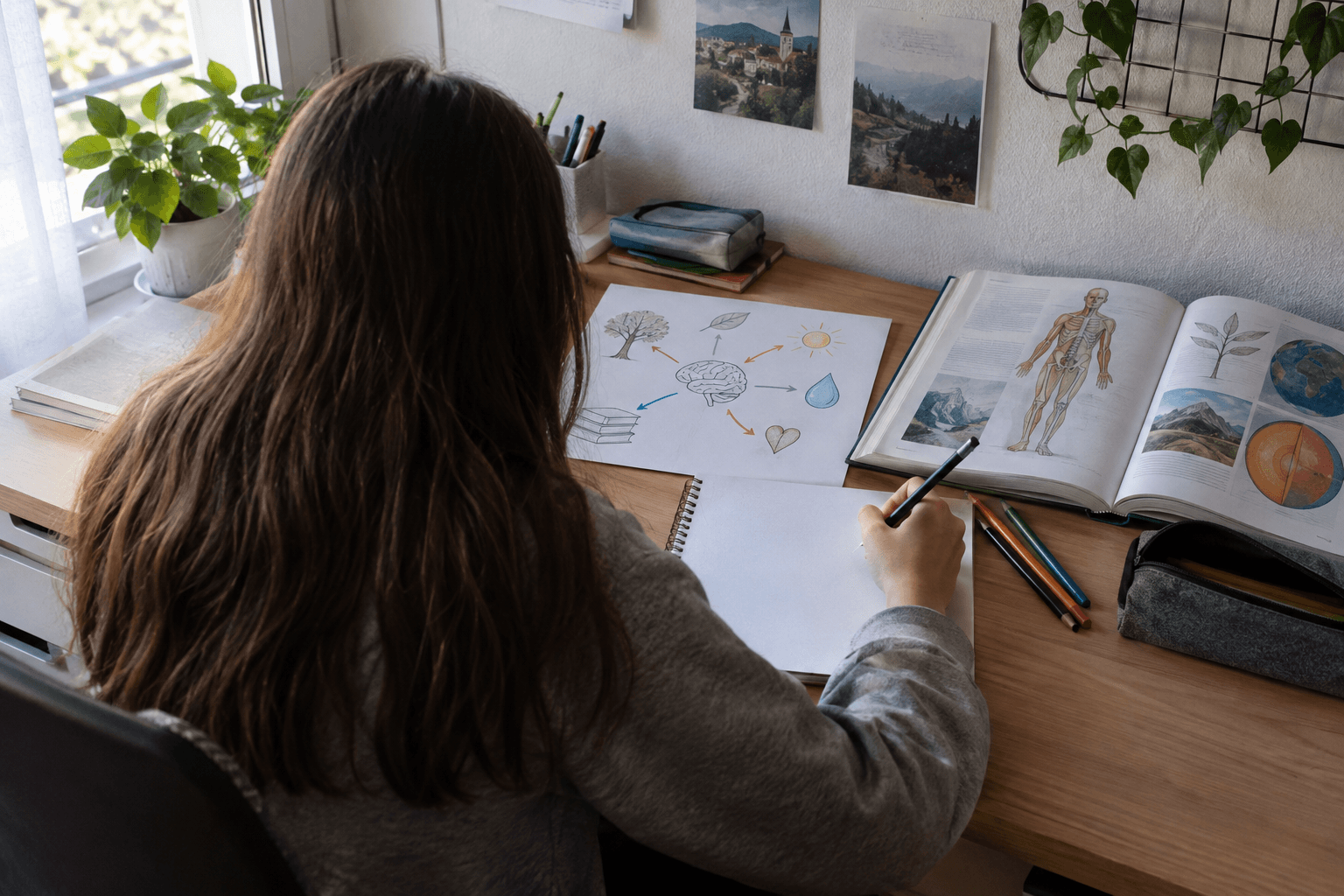 Elevă văzută din spate, desenând o schemă colorată lângă un caiet deschis la birou