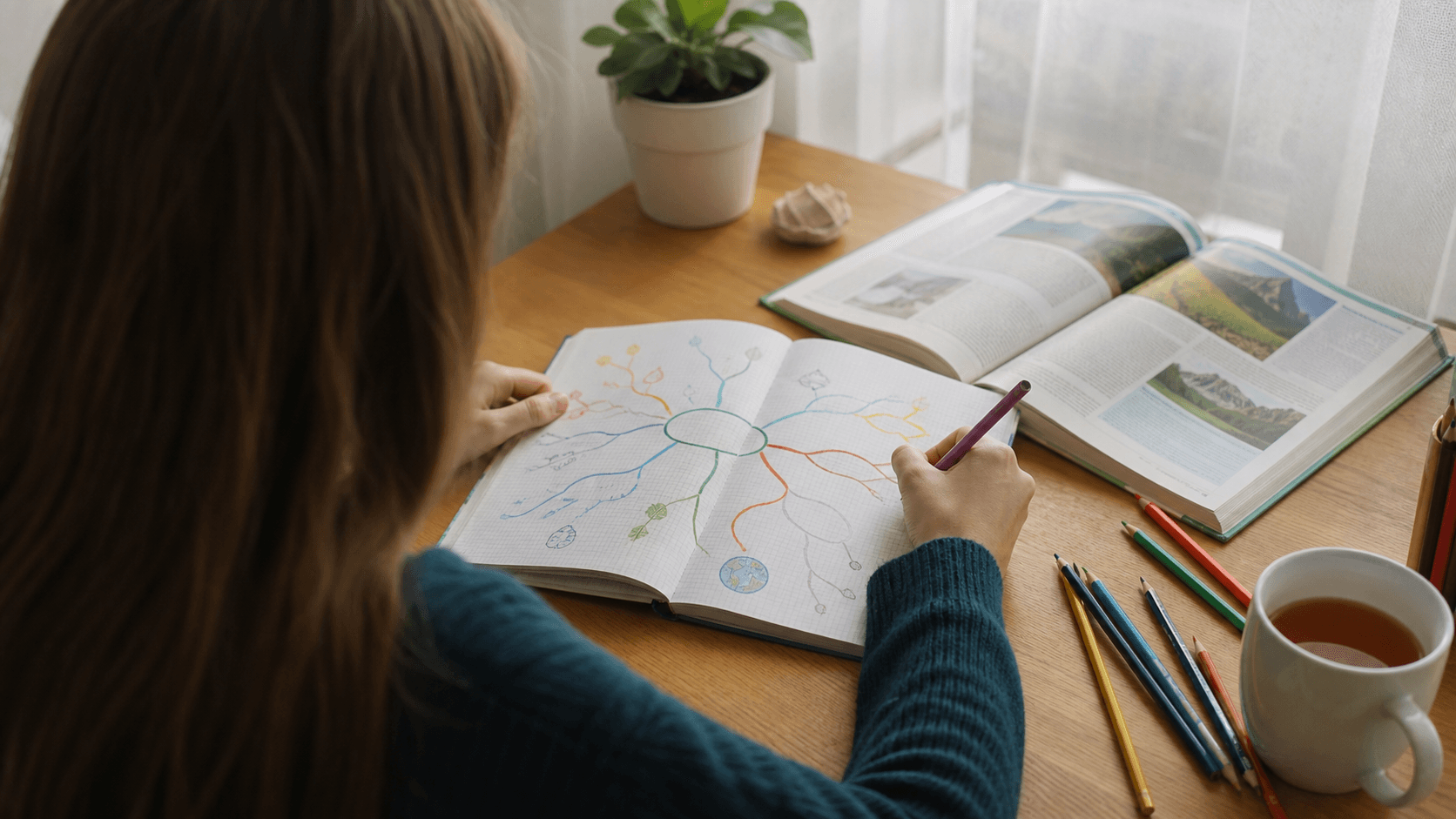 Elevă văzută de sus, realizând o hartă mentală colorată într-un caiet, la un birou de studiu