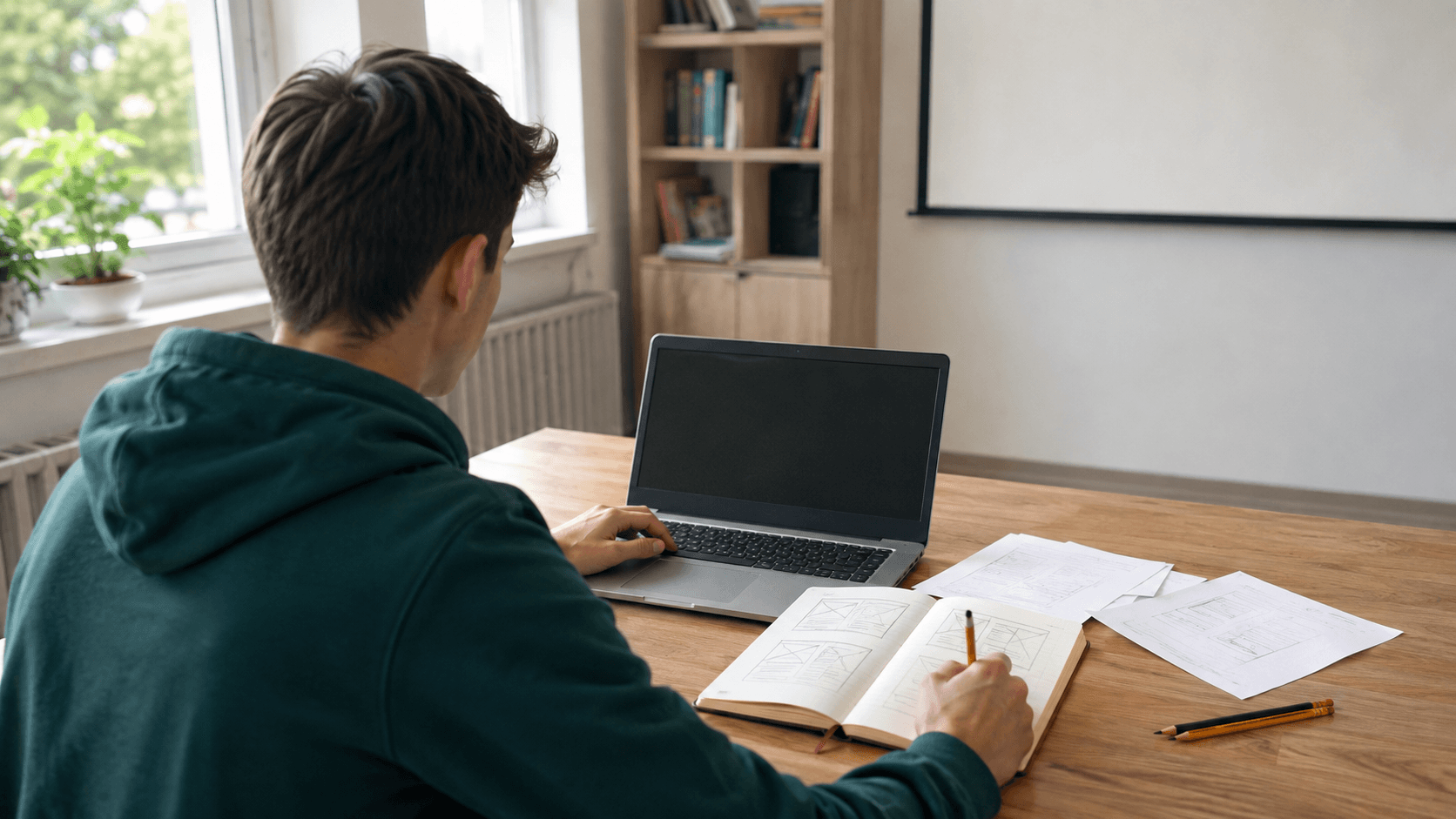Elev care pregătește pe laptop planul unei prezentări pentru școală, cu schițe de slide-uri într-un caiet
