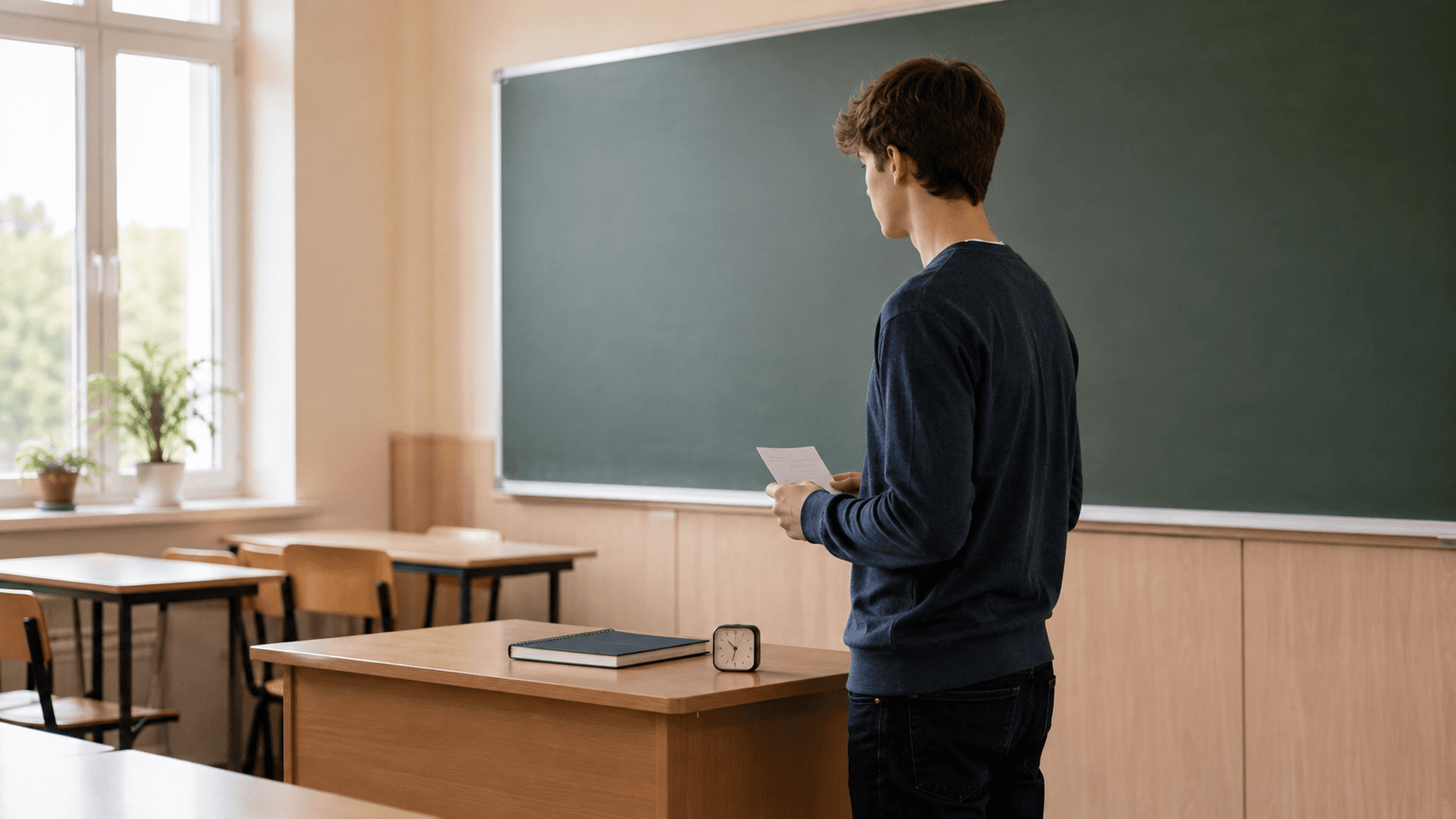 Elev care repetă un discurs în fața unei clase goale, cu fișe de notițe pe catedră