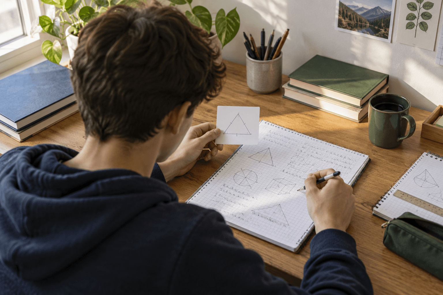 Elev văzut din spate, comparând un card de studiu cu desene geometrice într-un caiet