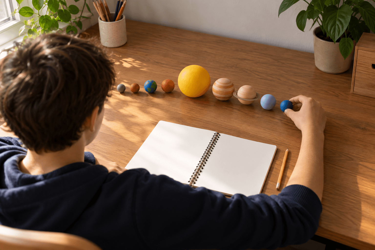 Elev văzut din spate, aranjând sfere colorate fără inscripții pentru a studia sistemul solar