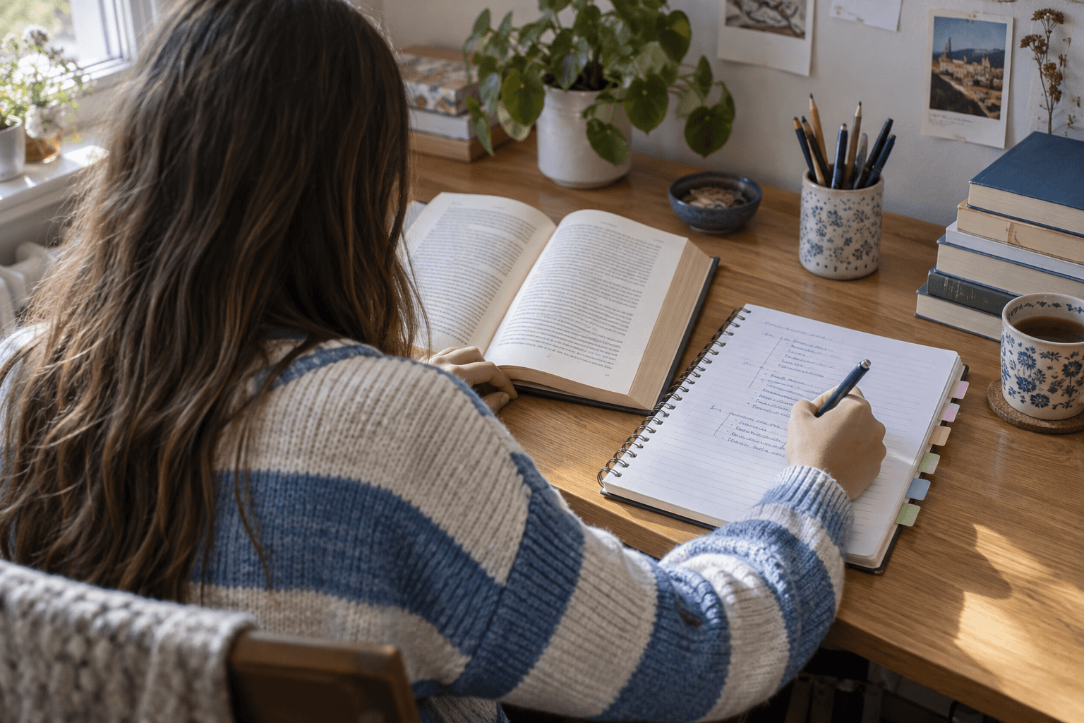 Elevă văzută din spate, citind o operă literară și făcând o schemă în caiet la un birou