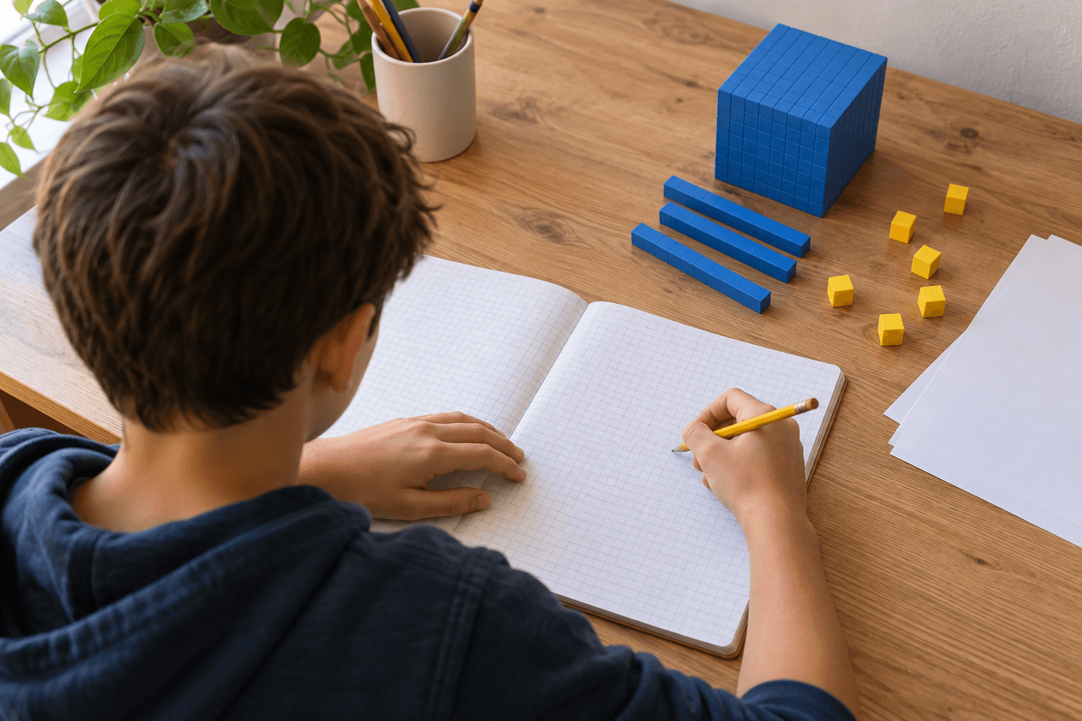 Elev rezolvând o problemă de matematică la un birou