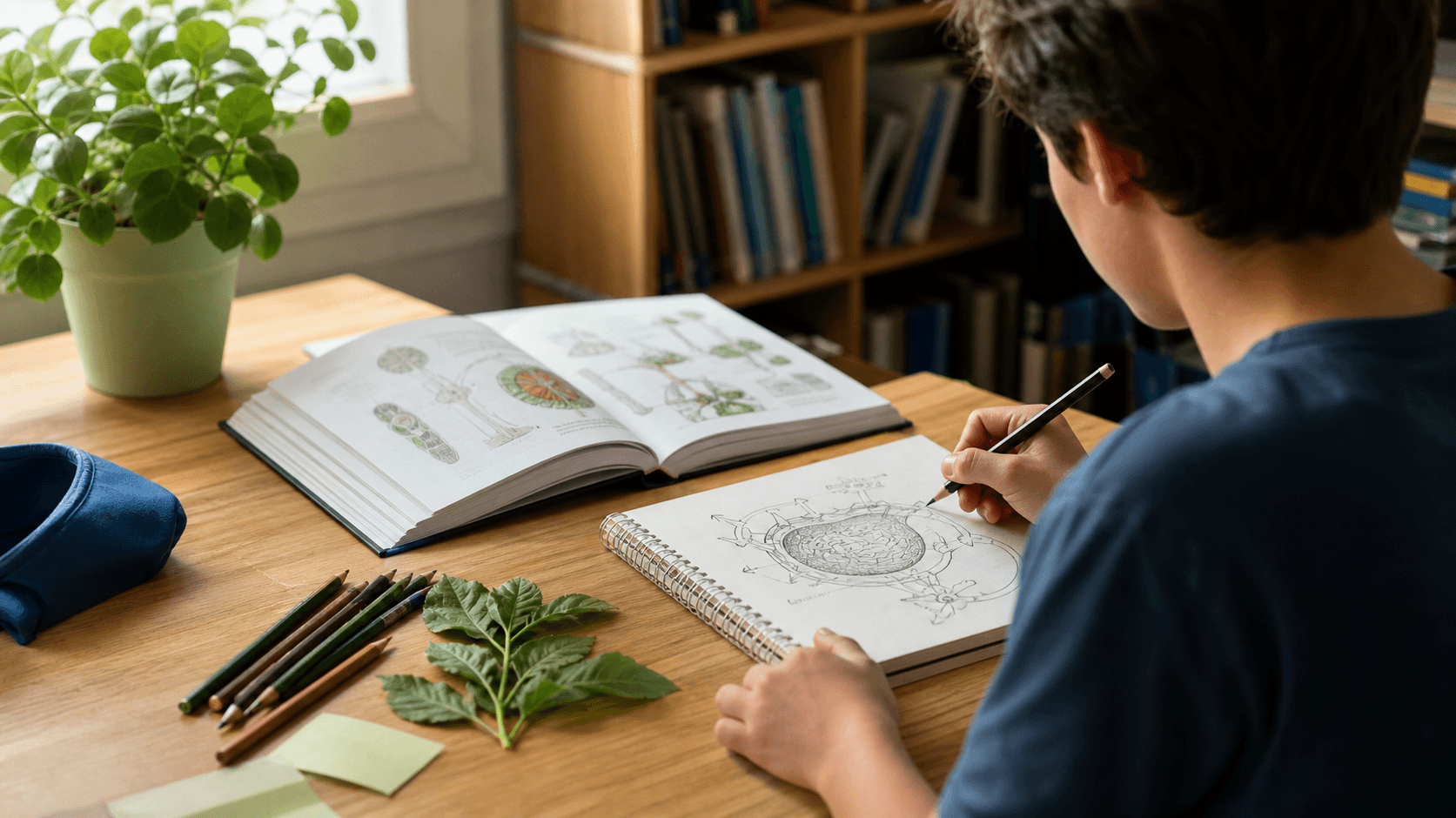 Elev care studiază biologia la birou, cu manual deschis, caiet cu schemă și frunze