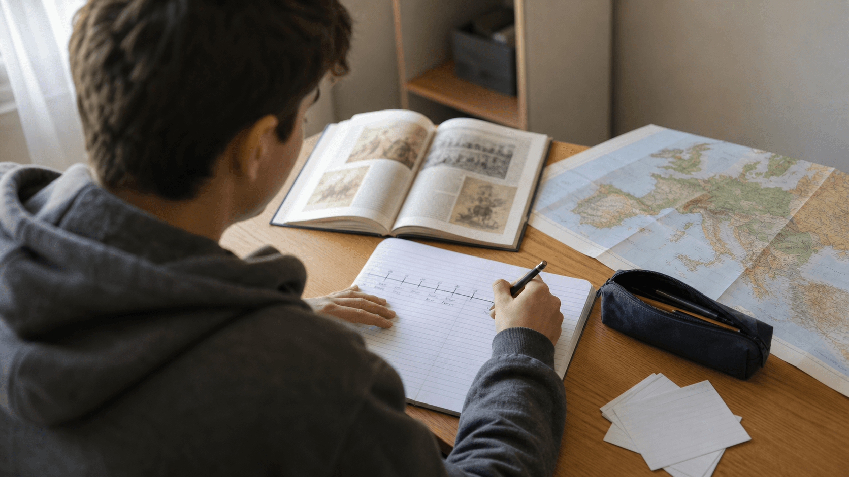 Elev care studiază istoria la birou, cu un manual, o hartă și o axă cronologică în caiet