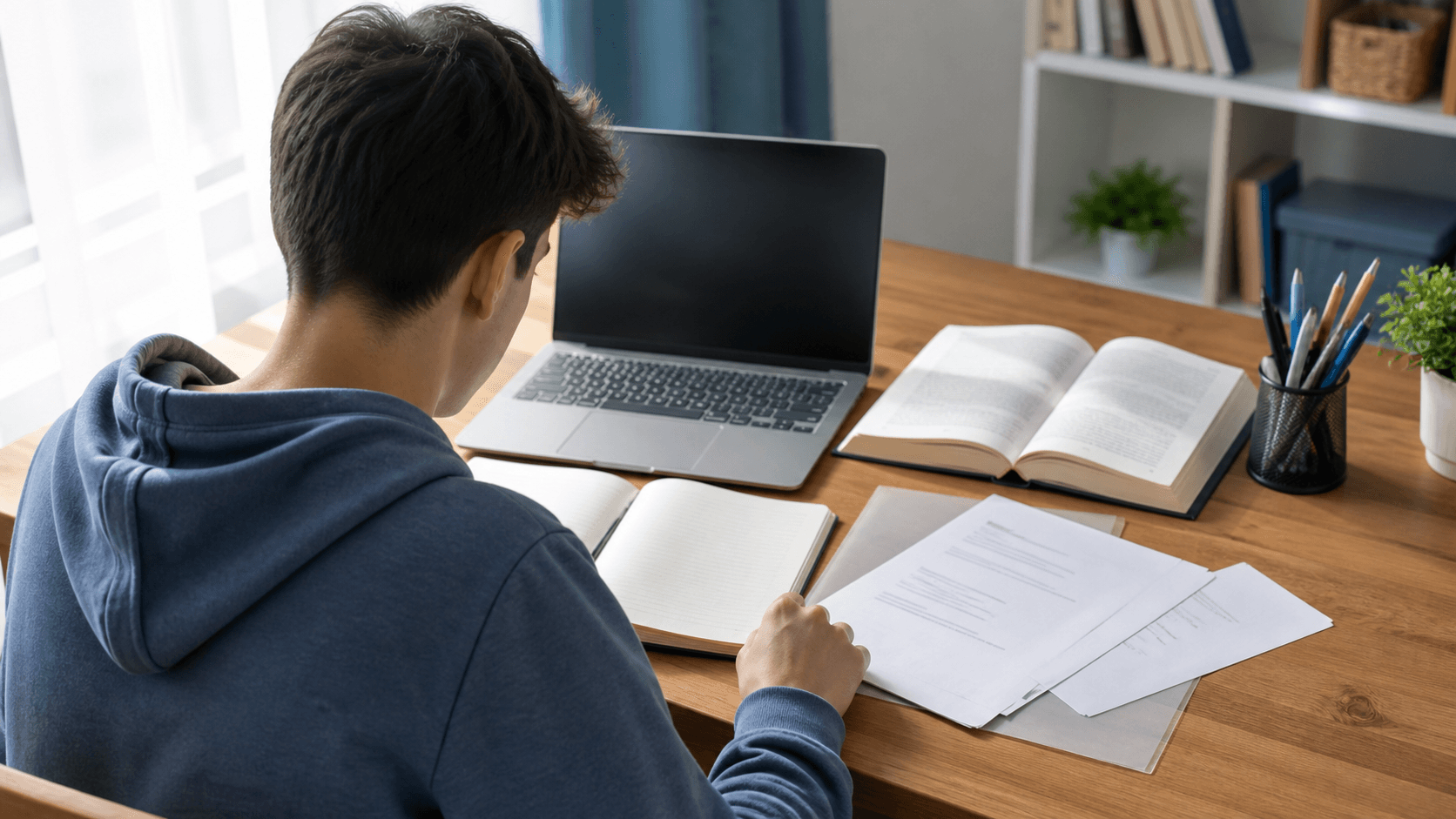 Elev care își pregătește bibliografia la birou, cu o carte, caiet, pagini tipărite și laptop
