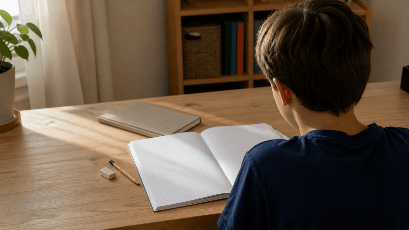Elev văzut din spate pregătind o compunere într-un caiet deschis, la masa de studiu