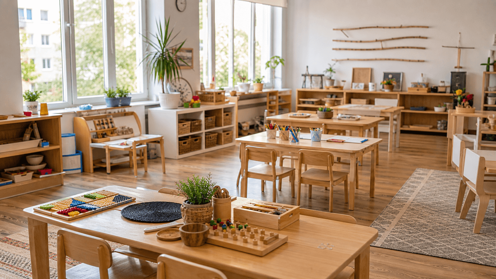 Sală luminoasă de grădiniță cu materiale educaționale pe mese