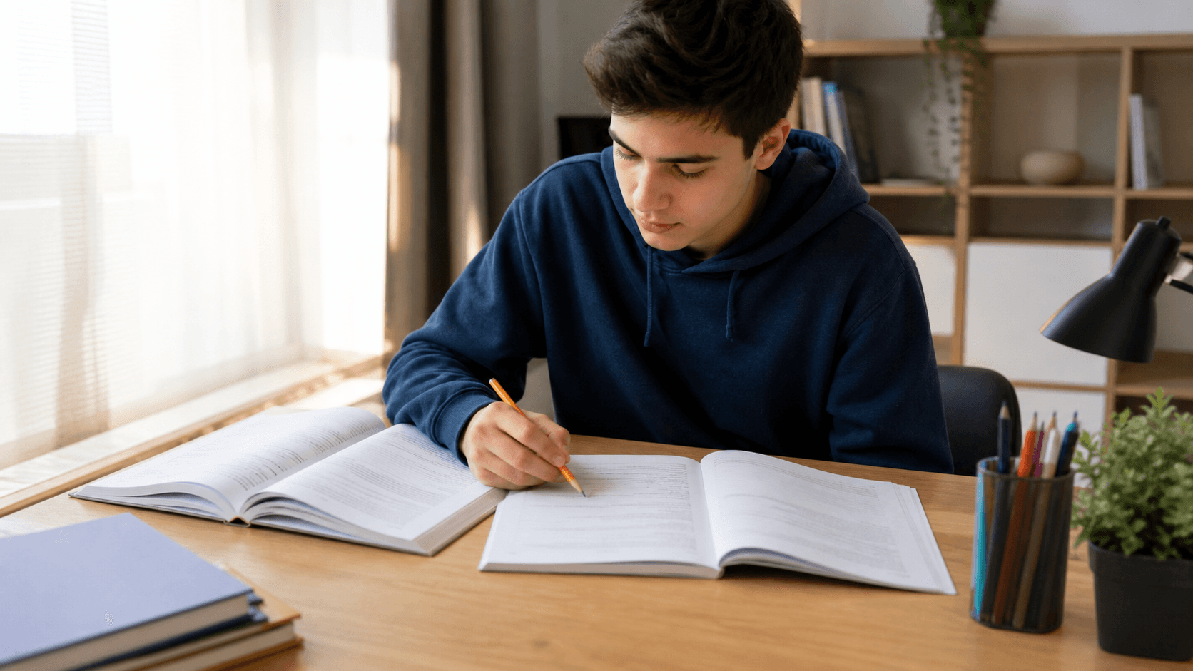 Elevă care compară manualul și o culegere de gramatică la birou
