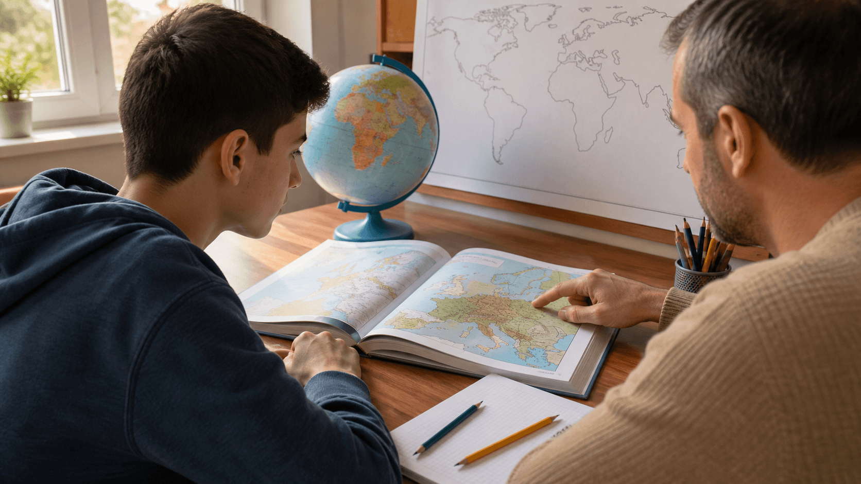 Elev și adult care compară un atlas cu globul și o hartă