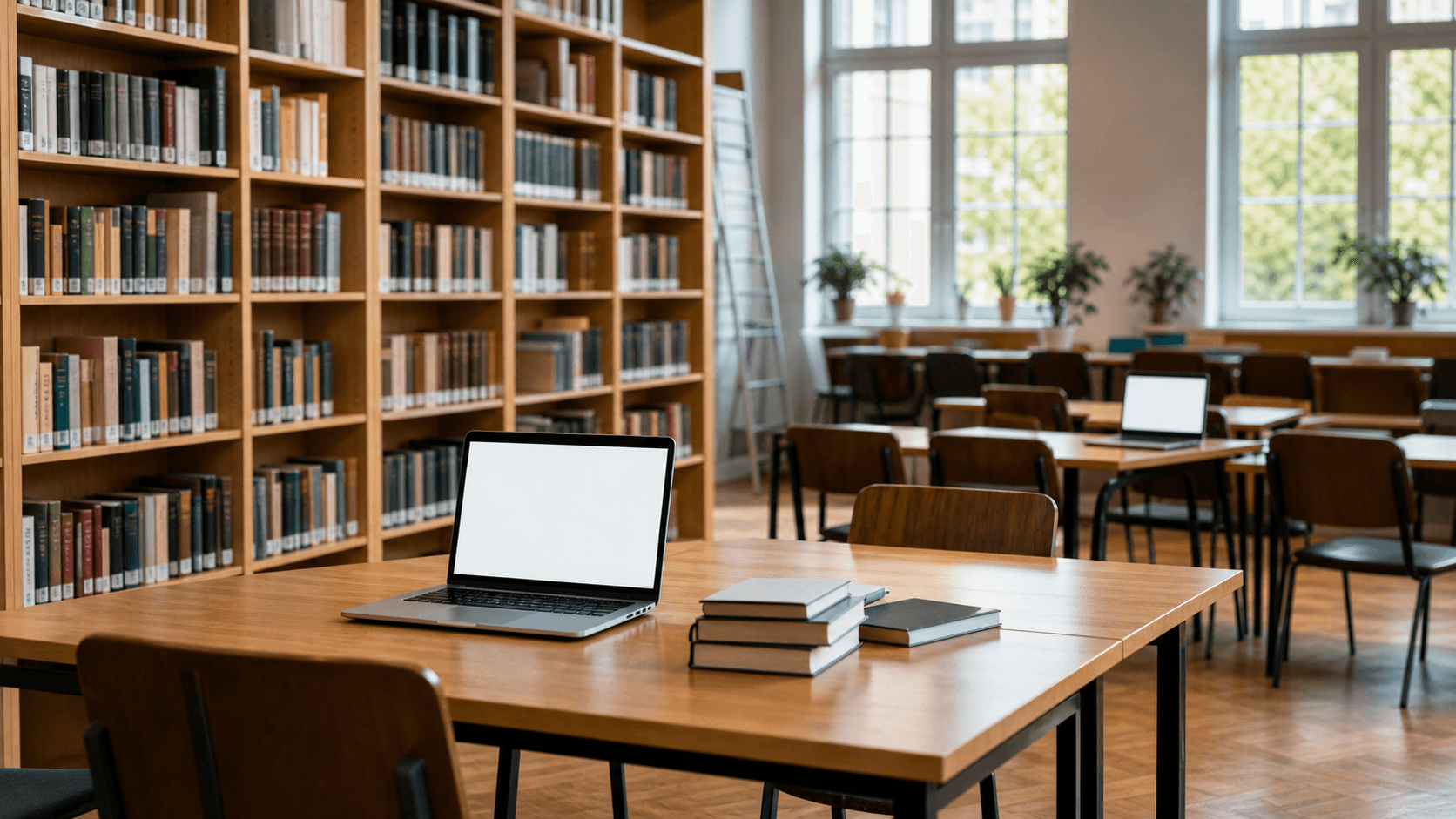 Bibliotecă universitară cu mese de studiu și laptopuri