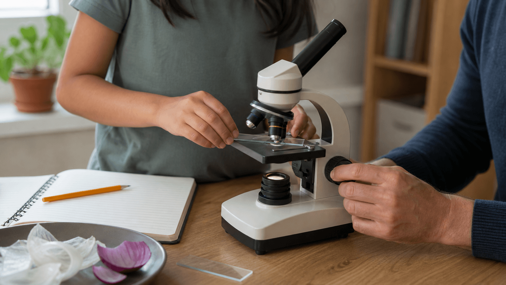 Adult și copil care pregătesc o lamă simplă la un microscop educațional generic