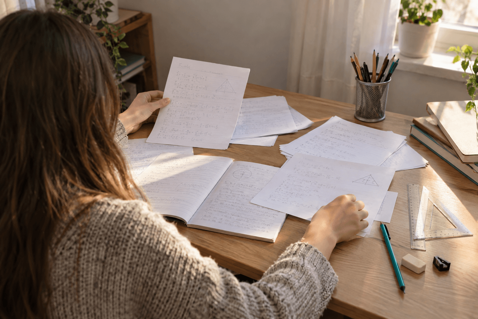 Elevă văzută din spate, sortând exerciții de matematică și un caiet deschis la birou