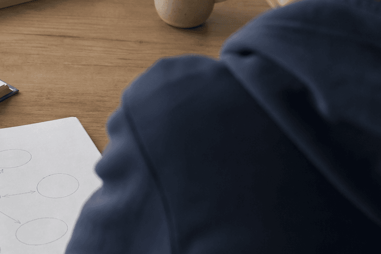 Elev văzut din spate, lângă o schemă desenată într-un caiet de studiu