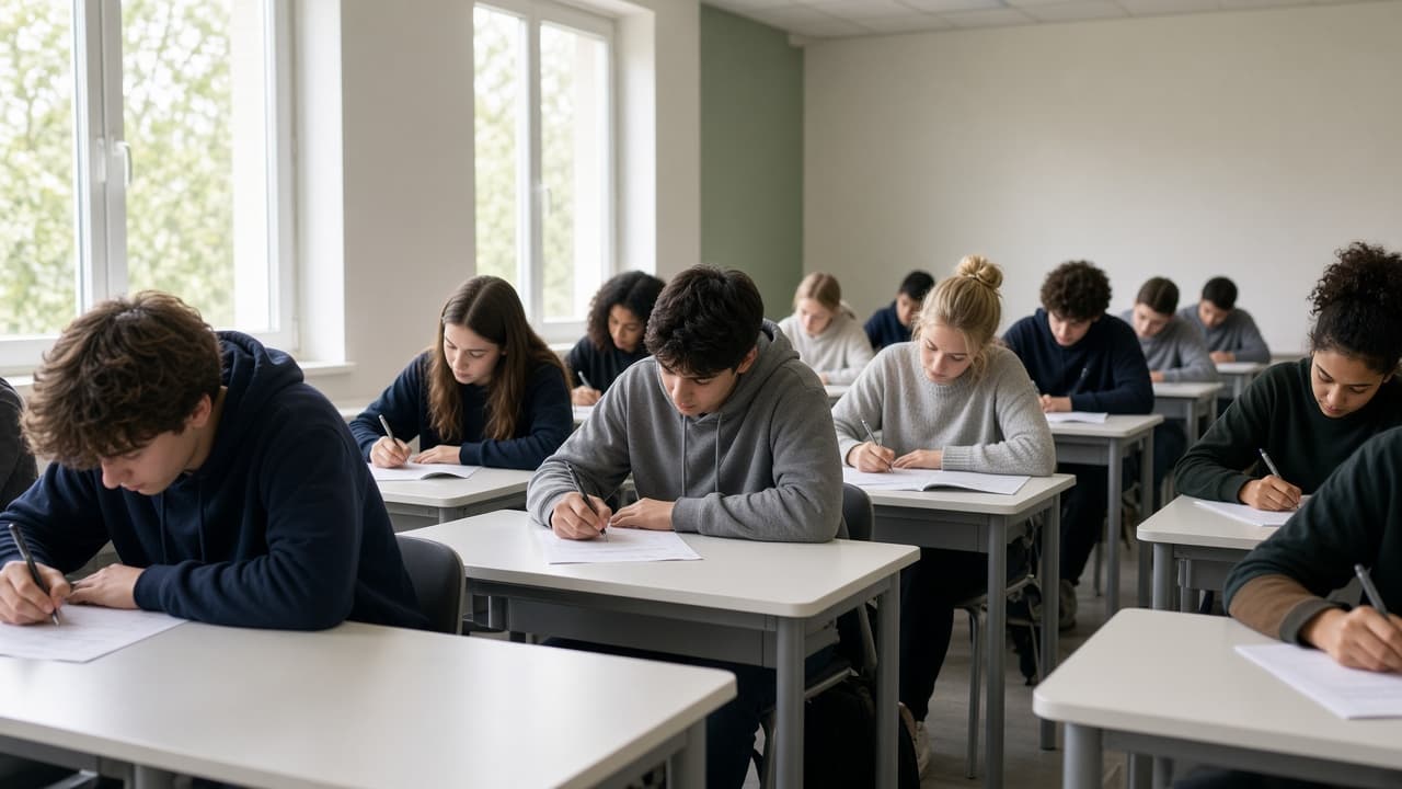 Elevi concentrați scriind la birouri într-o sală de clasă luminoasă, în timpul unui concurs școlar