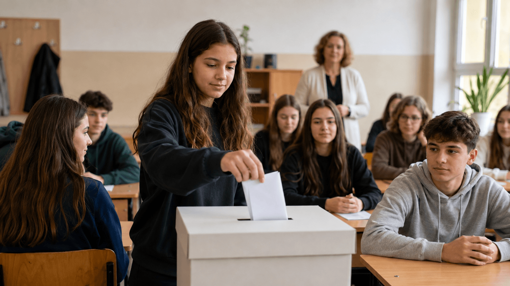 Elevă care introduce un buletin pliat într-o urnă simplă, în timpul alegerii reprezentantului clasei