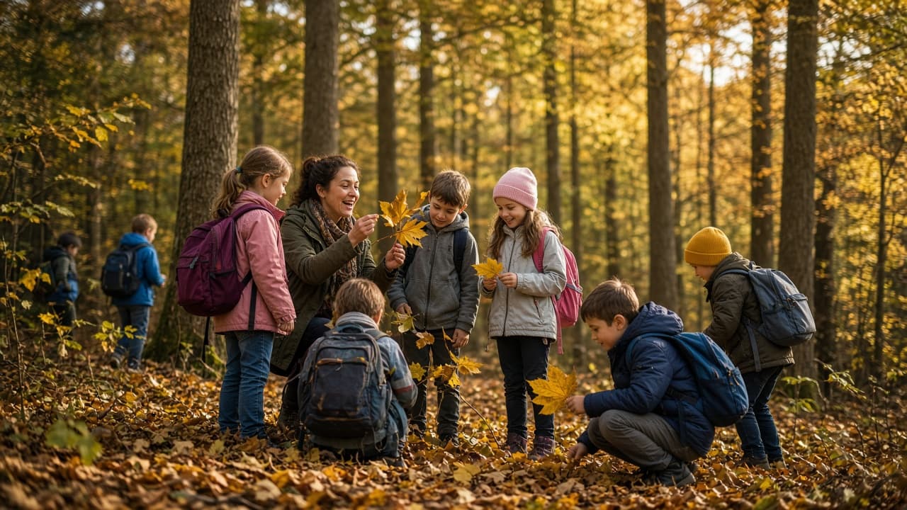 Elevi la o activitate educativă în natură, adunând frunze alături de profesoara lor, într-o pădure de toamnă
