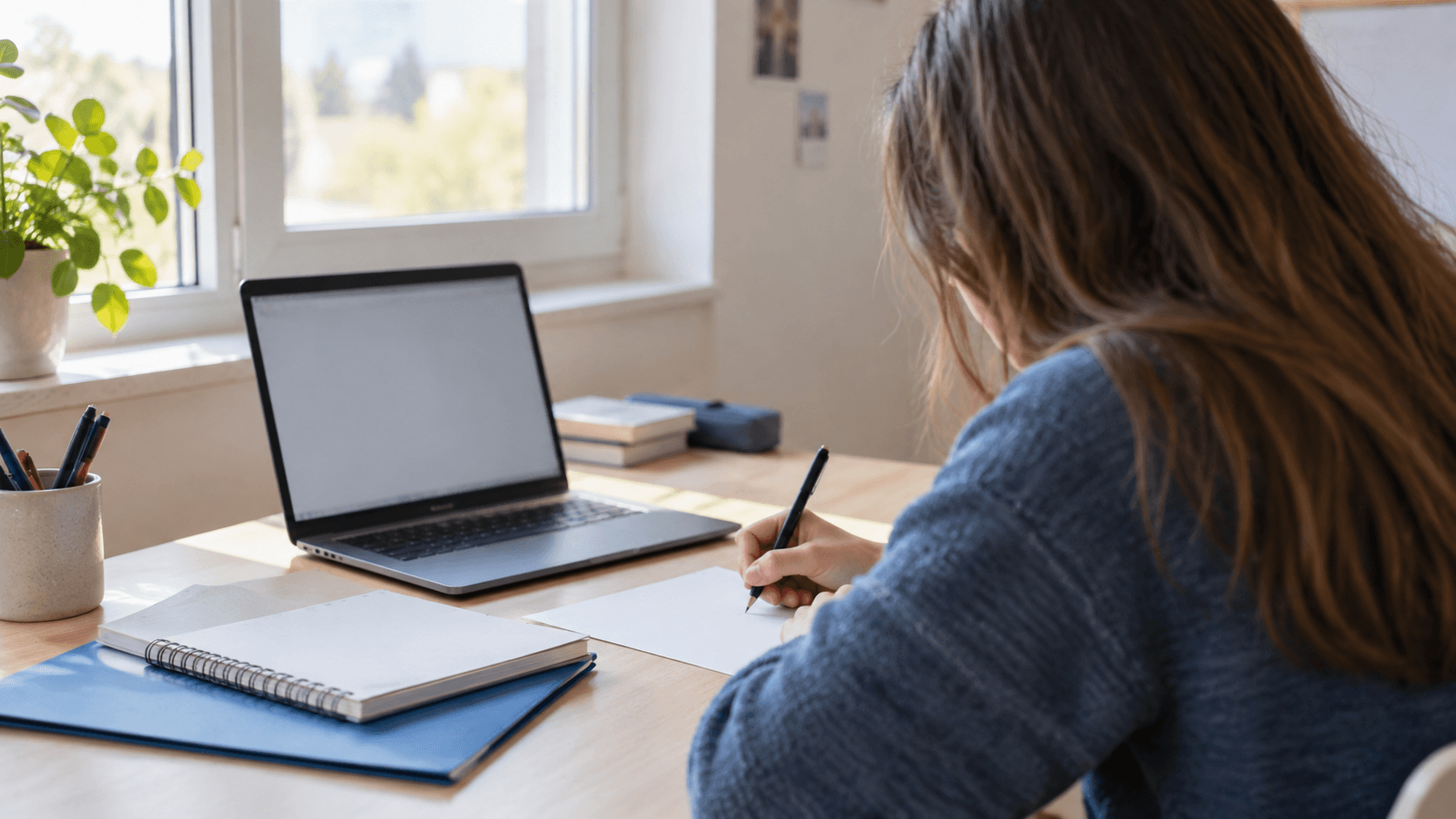 Elevă care își pregătește o scrisoare de intenție la birou, cu un laptop și caiete